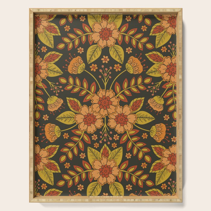 Orange, Peach, Olive Green & Dark Gray Floral Pattern Serving Tray Gallery Image 1