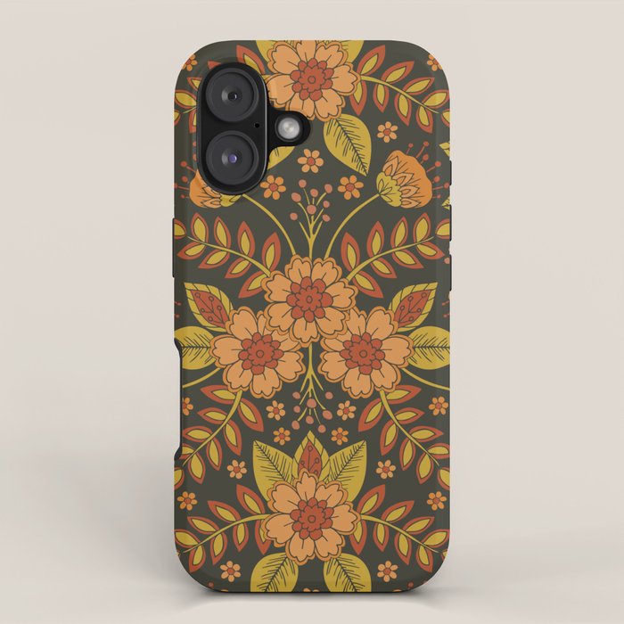Orange, Peach, Olive Green & Dark Gray Floral Pattern iPhone Case Gallery Image 1