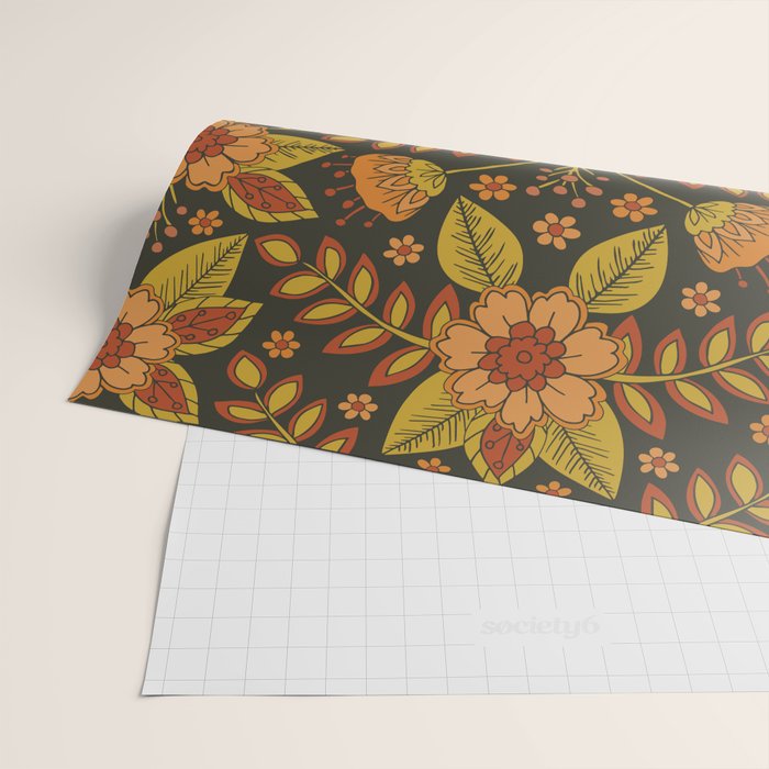 Orange, Peach, Olive Green & Dark Gray Floral Pattern Wrapping Paper Gallery Image 2