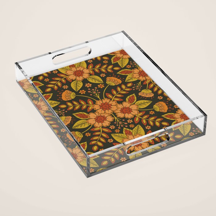 Orange, Peach, Olive Green & Dark Gray Floral Pattern Acrylic Tray Gallery Image 1