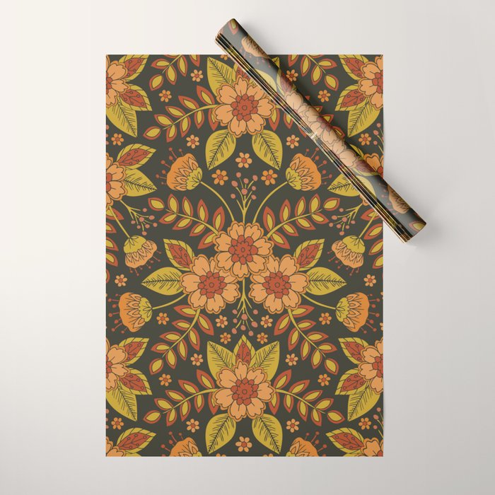 Orange, Peach, Olive Green & Dark Gray Floral Pattern Wrapping Paper Gallery Image 1