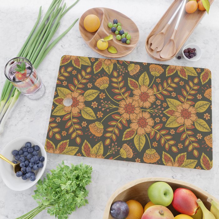 Orange, Peach, Olive Green & Dark Gray Floral Pattern Cutting Board Gallery Image 2