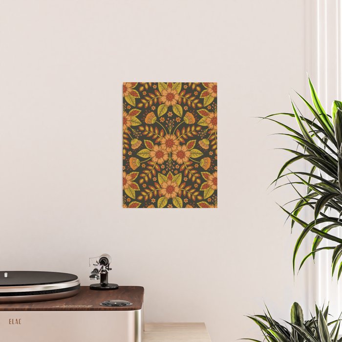 Orange, Peach, Olive Green & Dark Gray Floral Pattern Poster Gallery Image 2