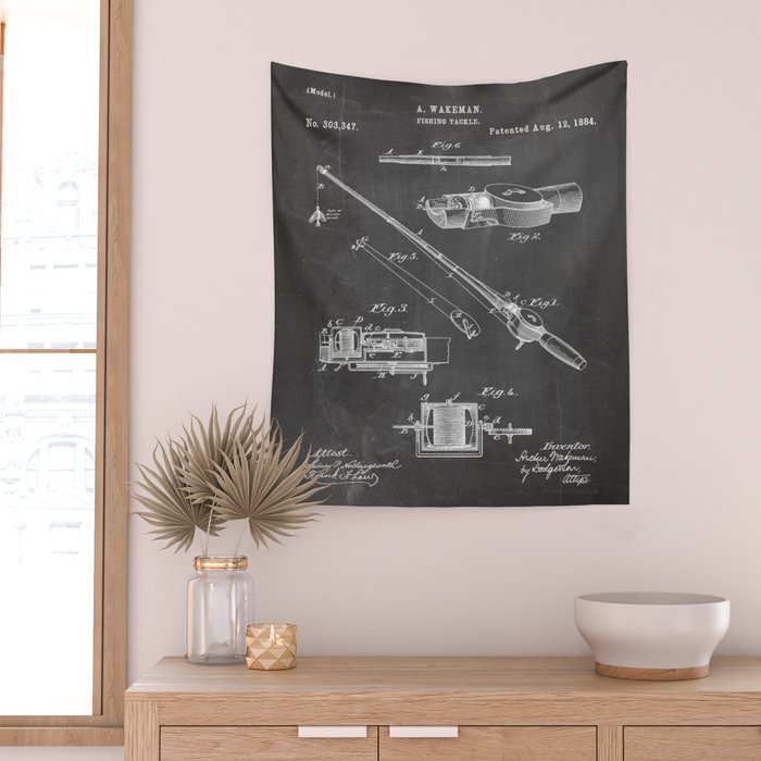 Fishing Rod Patent - Fishing Art - Black Chalkboard Wall Tapestry Gallery Image 2