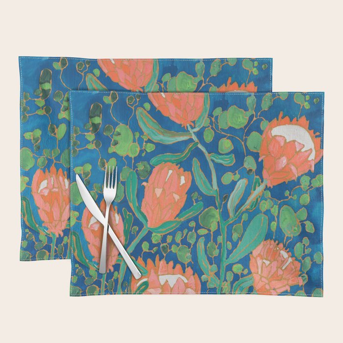 Coral Proteas on Blue Pattern Painting Placemat Gallery Image 1