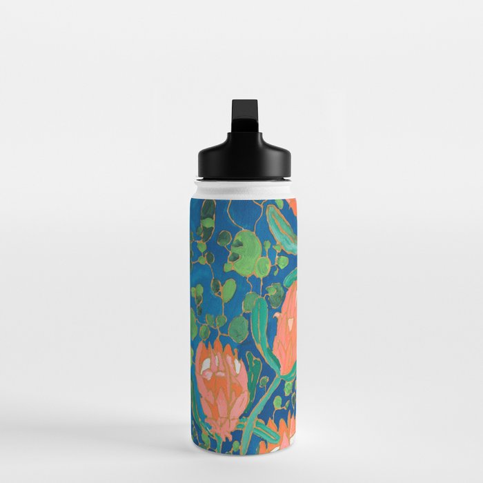 Coral Proteas on Blue Pattern Painting Water Bottle Gallery Image 3