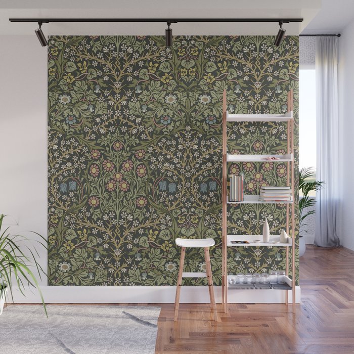 William Morris Vintage Blackthorn Green Charcoal Wall Mural Gallery Image 1
