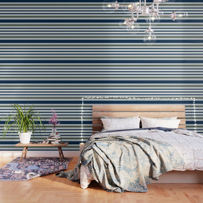 Navy Blue And Sage Green Horizontal Stripes Wallpaper Gallery Image 1