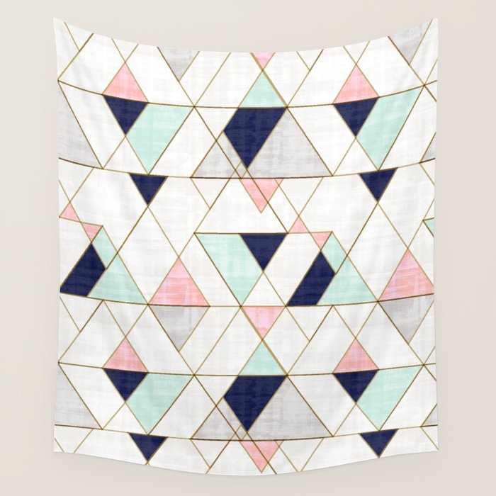 Mod Triangles - Navy Blush Mint Wall Tapestry Gallery Image 4