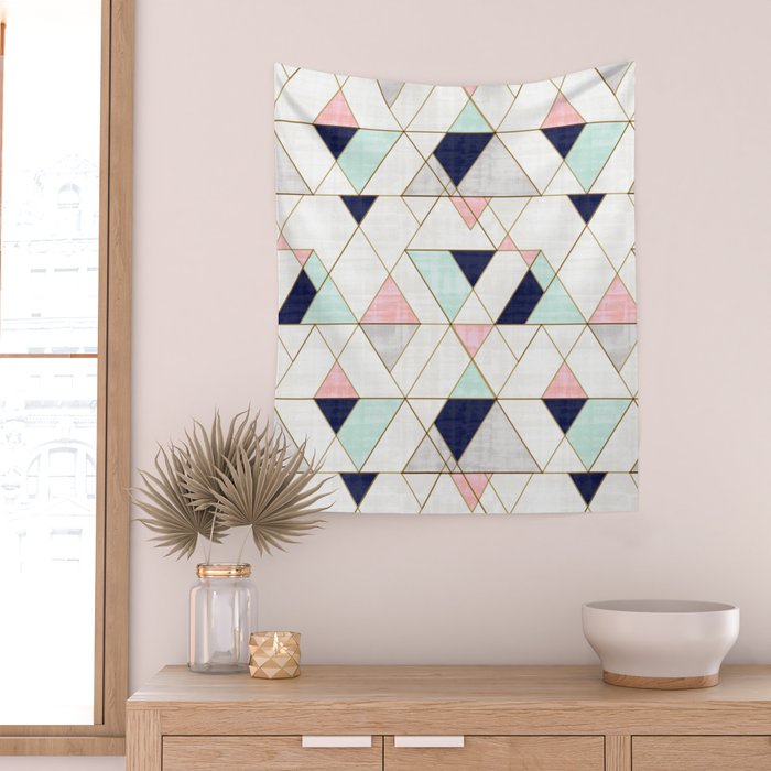 Mod Triangles - Navy Blush Mint Wall Tapestry Gallery Image 2