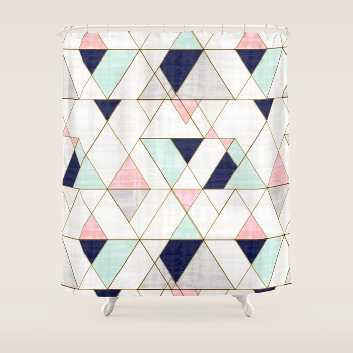 Mod Triangles - Navy Blush Mint Shower Curtain Gallery Image 1