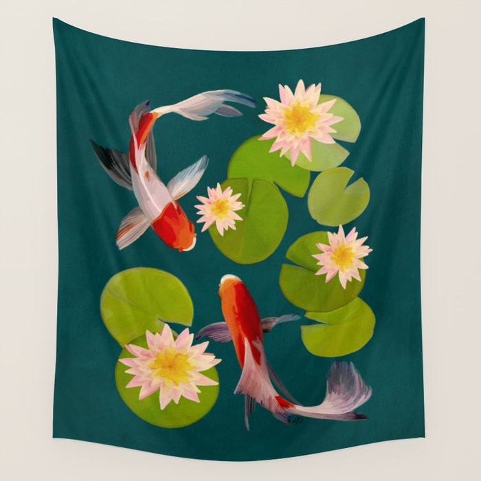 Graceful Koi Among Water Lilies  Wall Tapestry Gallery Image 4