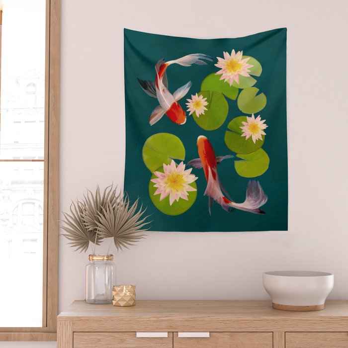 Graceful Koi Among Water Lilies  Wall Tapestry Gallery Image 2