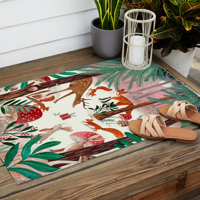 Whimsical woodland enchanted forest animals Outdoor Rug Gallery Image 2