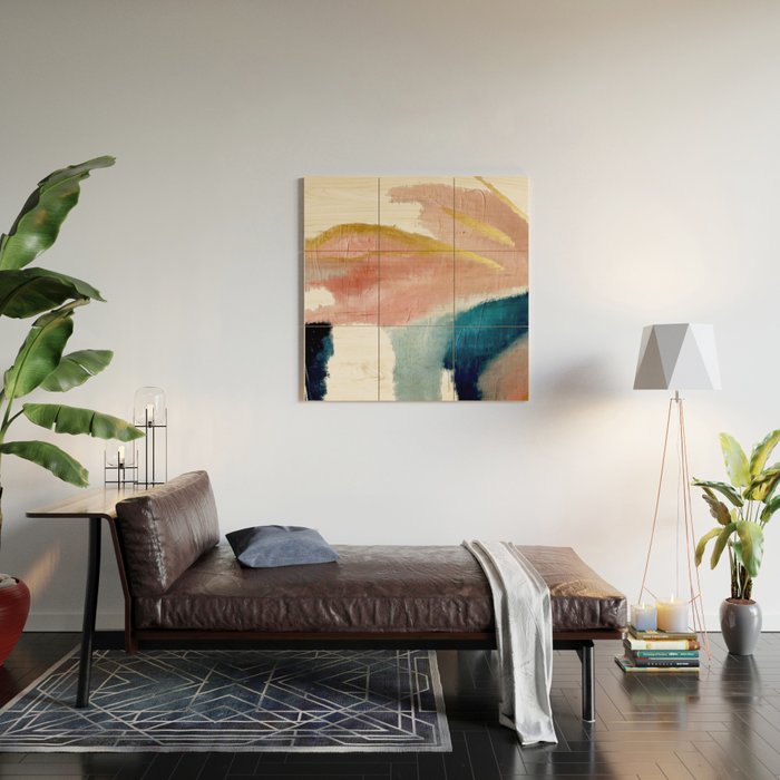 Exhale: a pretty, minimal, acrylic piece in pinks, blues, and gold Wood Wall Art Gallery Image 2