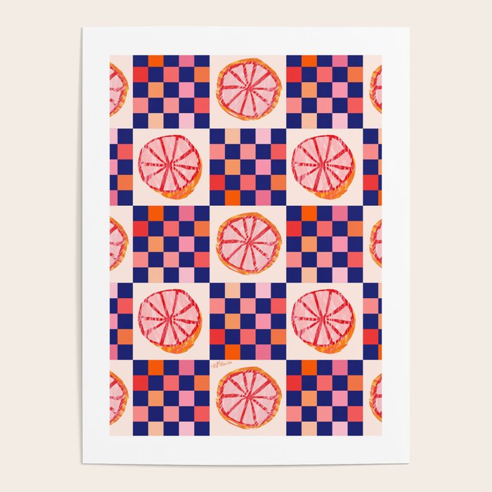 Checkered Sliced Citrus Fruit in Navy & Peachy Pink Poster Gallery Image 4