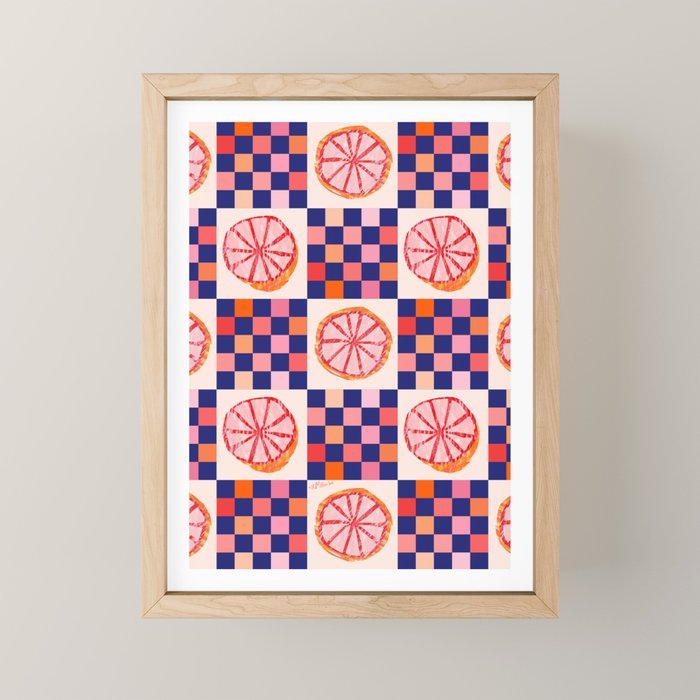 Checkered Sliced Citrus Fruit in Navy & Peachy Pink Mini Art Print Gallery Image 1