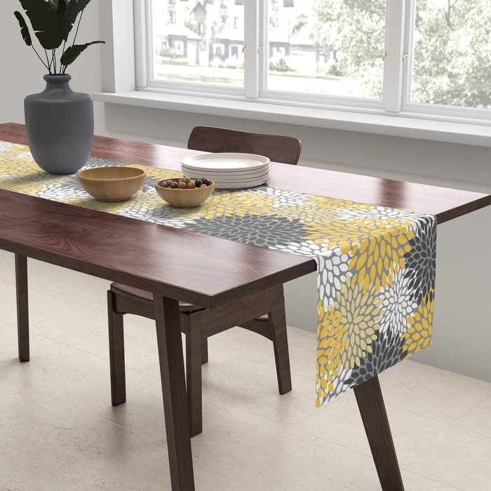 Modern Elegant Chic Floral Pattern, Soft Yellow, Gray, White Table Runner Gallery Image 2