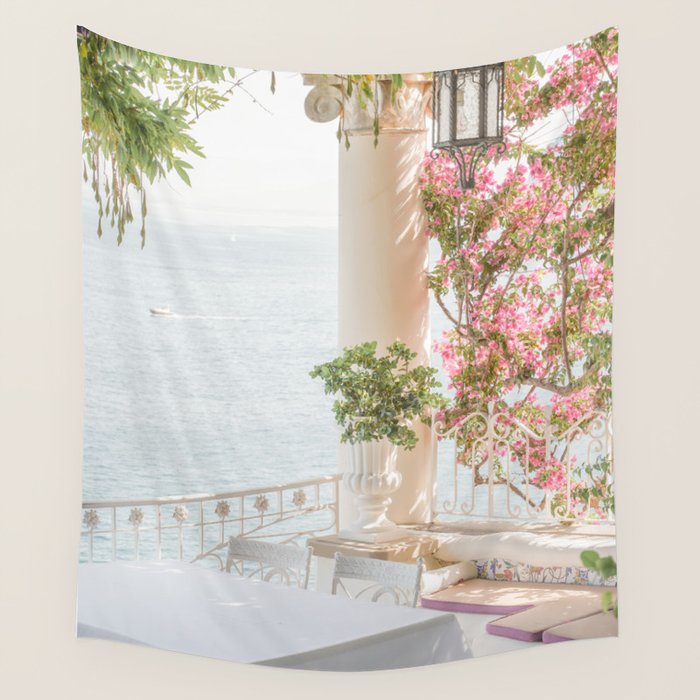 Sorrento Vibes | Balcony In Italy With Pink Flowers Photo Print | Summer Travel Photography Wall Tapestry Gallery Image 1