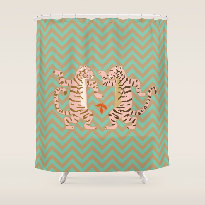 Dancing tiger Zig zag tiger - mint sand Shower Curtain Gallery Image 1