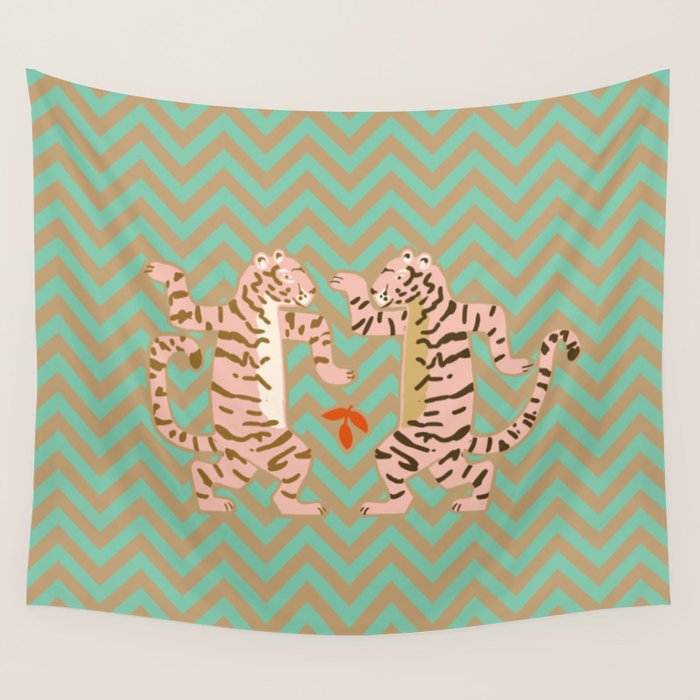 Dancing tiger Zig zag tiger - mint sand Wall Tapestry Gallery Image 4