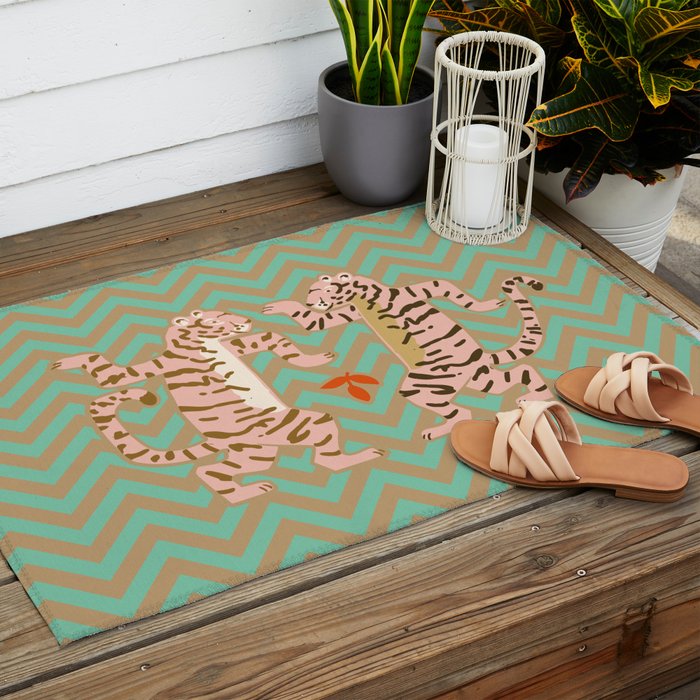 Dancing tiger Zig zag tiger - mint sand Outdoor Rug Gallery Image 2