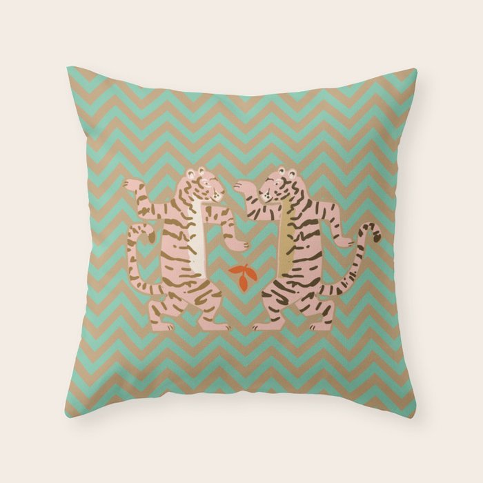 Dancing tiger Zig zag tiger - mint sand Throw Pillow Gallery Image 6
