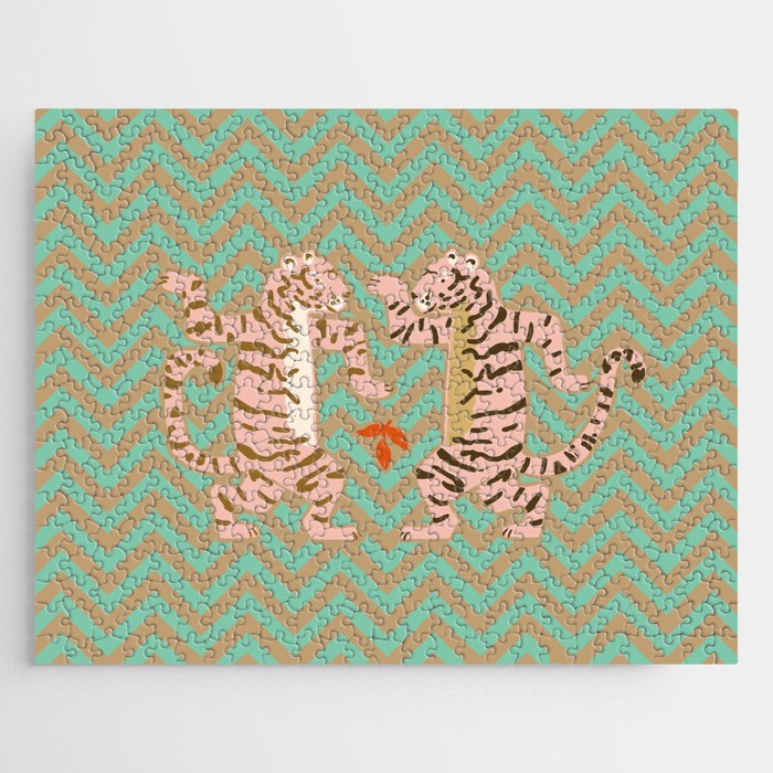 Dancing tiger Zig zag tiger - mint sand Jigsaw Puzzle Gallery Image 1