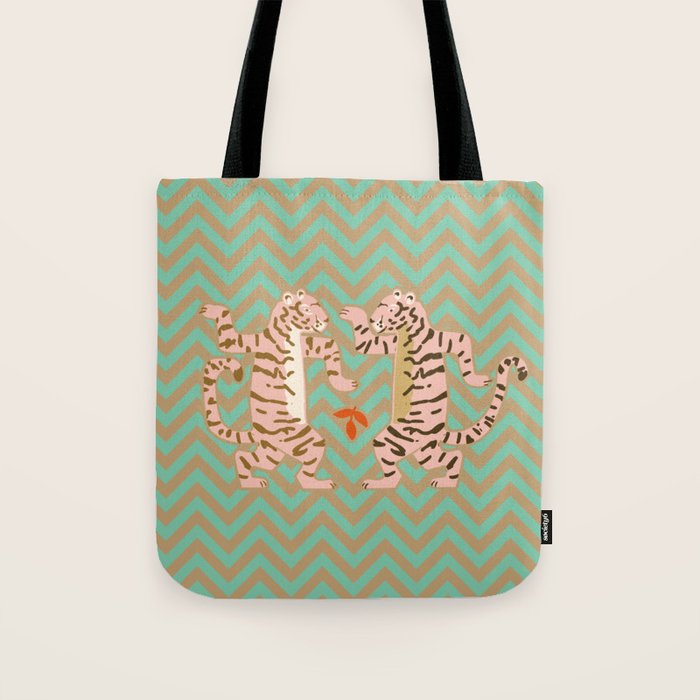 Dancing tiger Zig zag tiger - mint sand Tote Bag Gallery Image 1