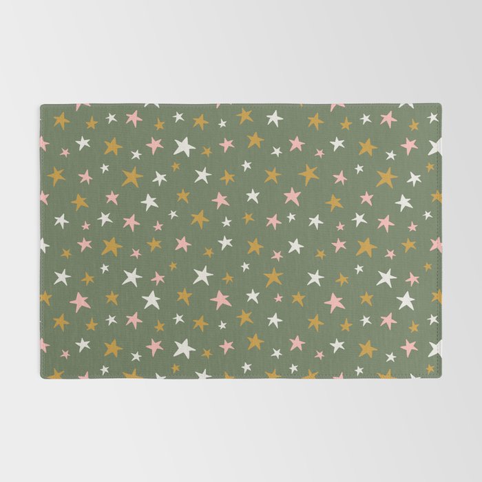 Stars Gold Cream Pink On Muted Green Rug Gallery Image 2