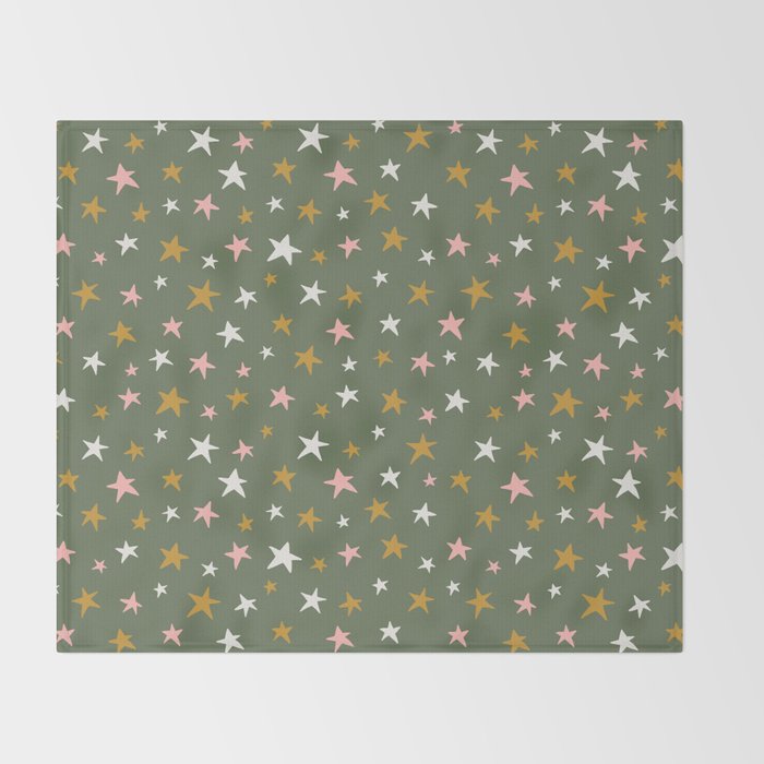 Stars Gold Cream Pink On Muted Green Throw Blanket Gallery Image 2