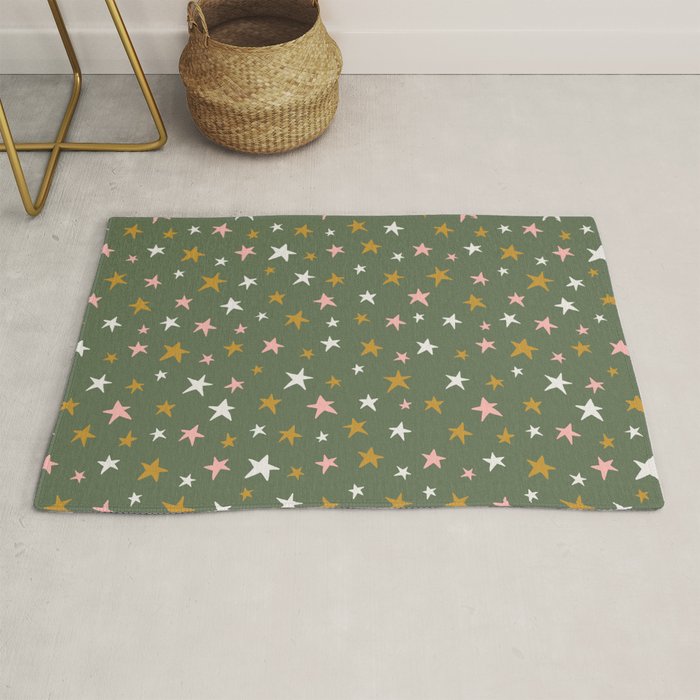 Stars Gold Cream Pink On Muted Green Rug Gallery Image 1