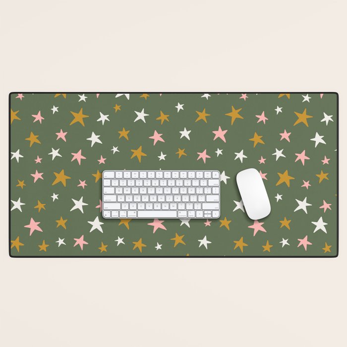 Stars Gold Cream Pink On Muted Green Desk Mat Gallery Image 1