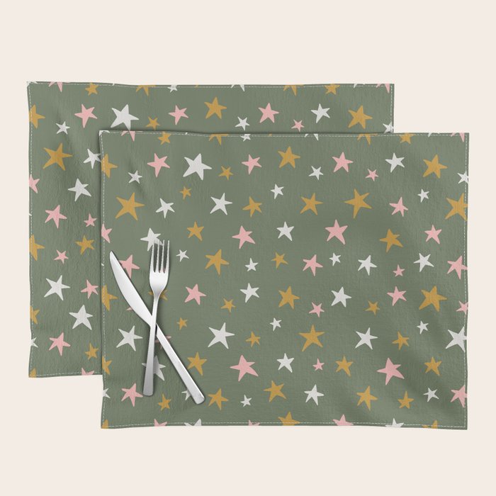 Stars Gold Cream Pink On Muted Green Placemat Gallery Image 1