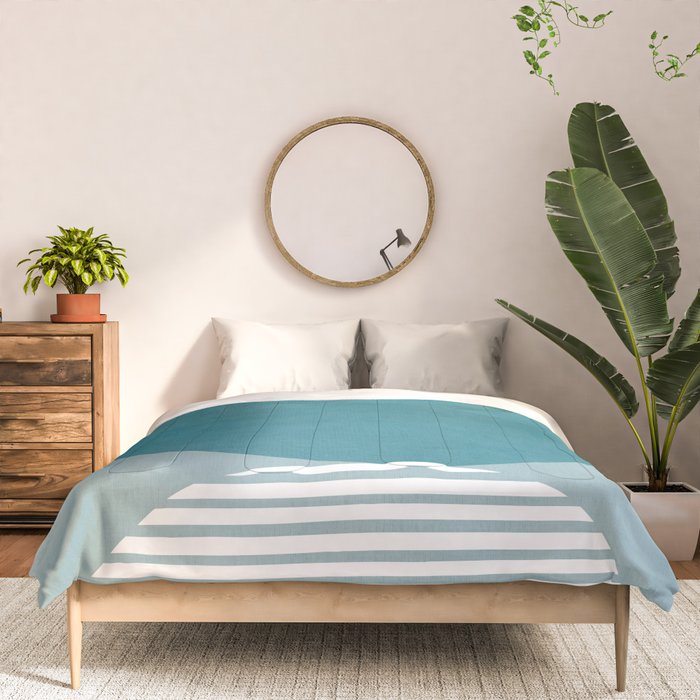 Teal White Lines Minimalist Artwork 02 Comforter Gallery Image 3