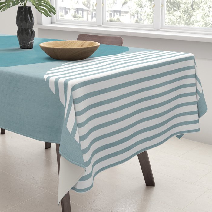 Teal White Lines Minimalist Artwork 02 Tablecloth Gallery Image 3