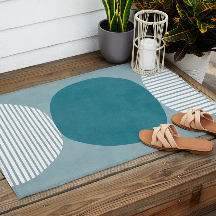 Teal White Lines Minimalist Artwork 02 Outdoor Rug Gallery Image 2