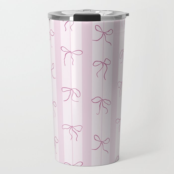 Coquette pink bows on a vertical stripes background Travel Mug Gallery Image 1