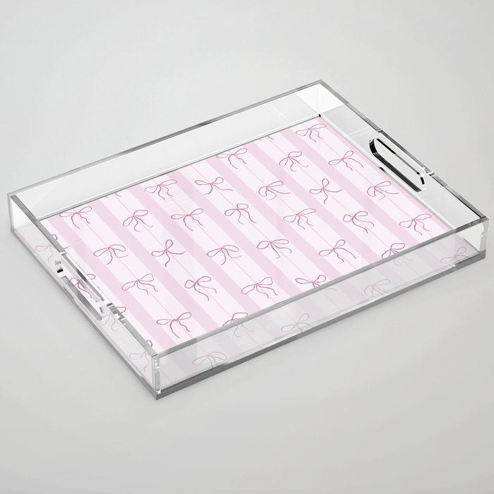Coquette pink bows on a vertical stripes background Acrylic Tray Gallery Image 1