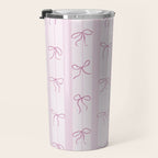 Coquette pink bows on a vertical stripes background Travel Mug Gallery Image 3