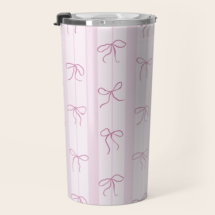 Coquette pink bows on a vertical stripes background Travel Mug Gallery Image 3