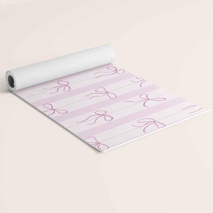Coquette pink bows on a vertical stripes background Yoga Mat Gallery Image 2
