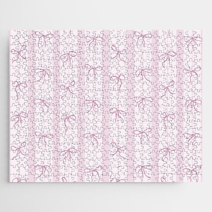 Coquette pink bows on a vertical stripes background Jigsaw Puzzle Gallery Image 1