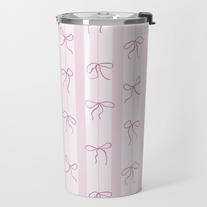 Coquette pink bows on a vertical stripes background Travel Mug Gallery Image 2