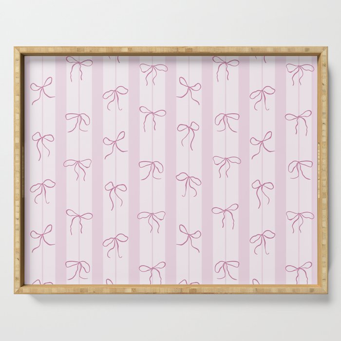 Coquette pink bows on a vertical stripes background Serving Tray Gallery Image 1