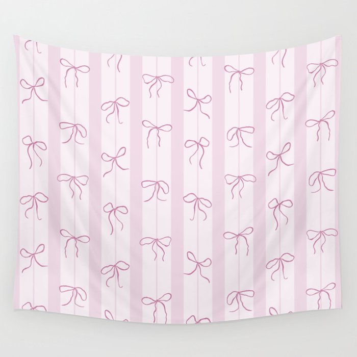 Coquette pink bows on a vertical stripes background Wall Tapestry Gallery Image 1