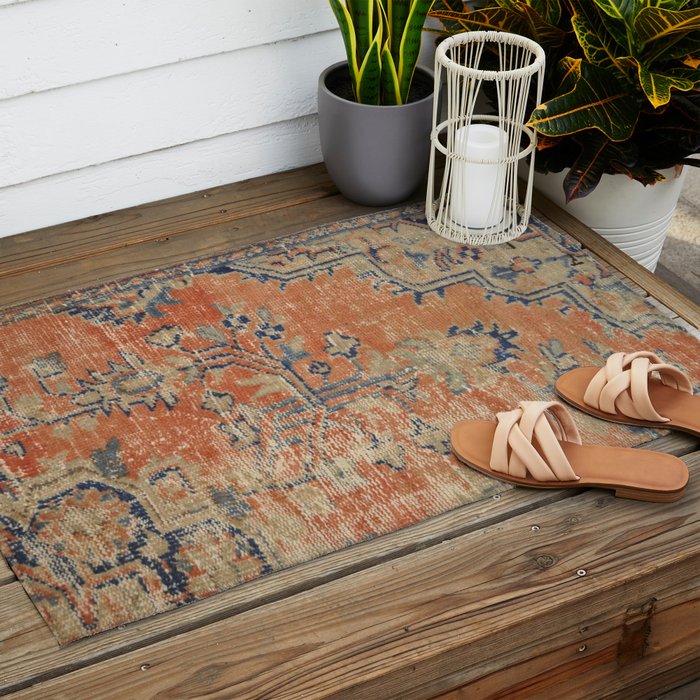 Vintage Woven Navy and Orange Outdoor Rug Gallery Image 2