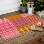 Gingham Patchwork Retro Plaid Check Pattern Pink Orange Moss Outdoor Rug Gallery Image 2
