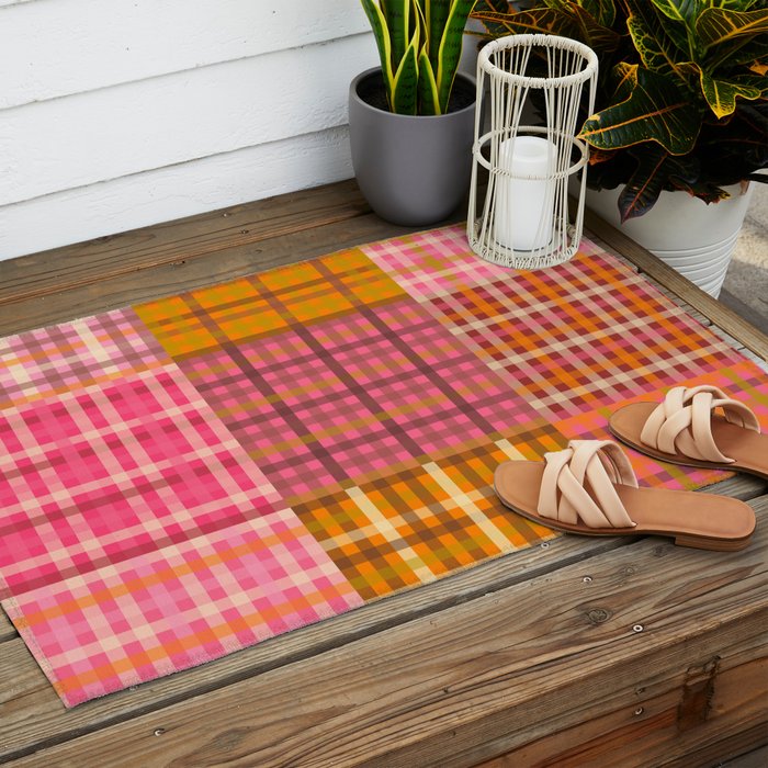Gingham Patchwork Retro Plaid Check Pattern Pink Orange Moss Outdoor Rug Gallery Image 2
