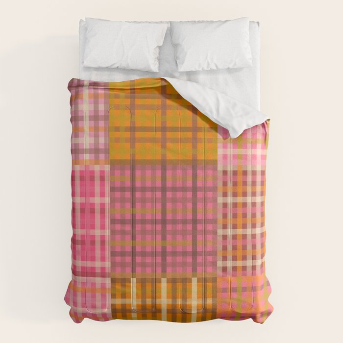 Gingham Patchwork Retro Plaid Check Pattern Pink Orange Moss Comforter Gallery Image 1